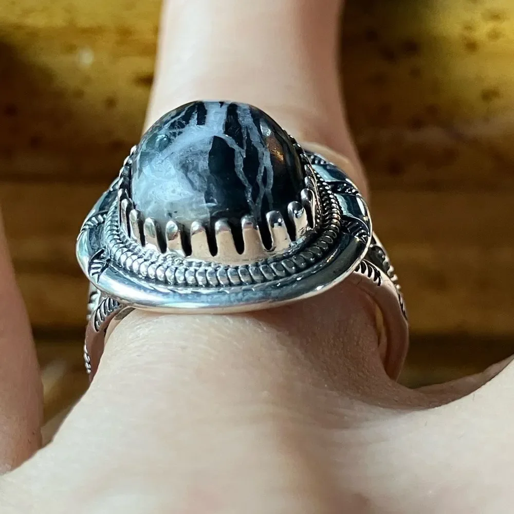 Genuine White Buffalo Sterling Silver Horseshoe Ring Size 7